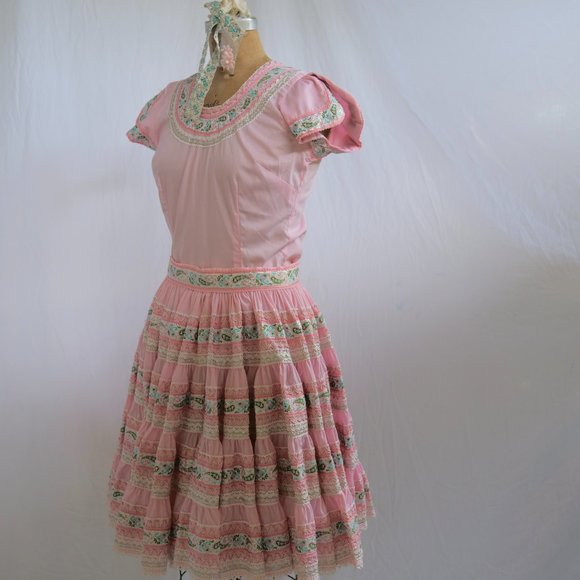 vtg 50s JEANETTES SOUTHWEST Pink Full Pleated Skirt & Top Set Swing Rockabilly 8 - Picture 4 of 15